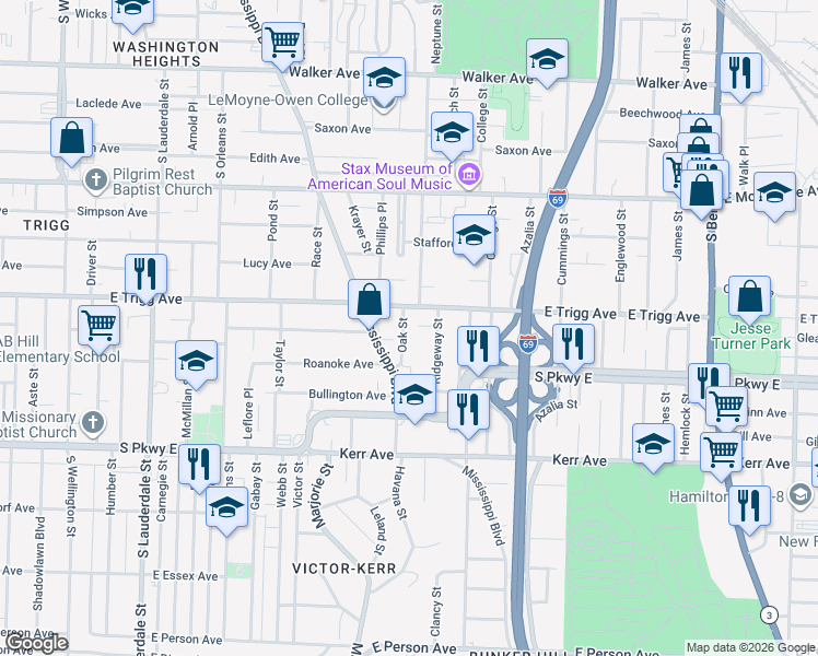 map of restaurants, bars, coffee shops, grocery stores, and more near 1333 Ridgeway Street in Memphis