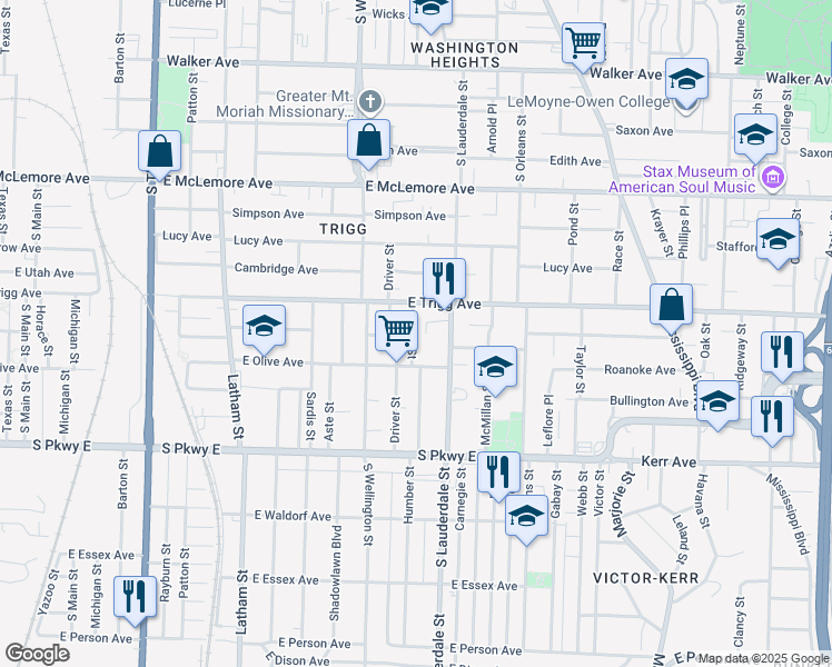 map of restaurants, bars, coffee shops, grocery stores, and more near 520 East Olive Avenue in Memphis