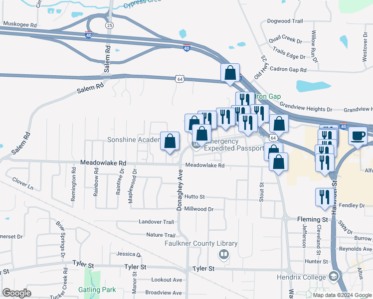 map of restaurants, bars, coffee shops, grocery stores, and more near 2100 Meadowlake Road in Conway