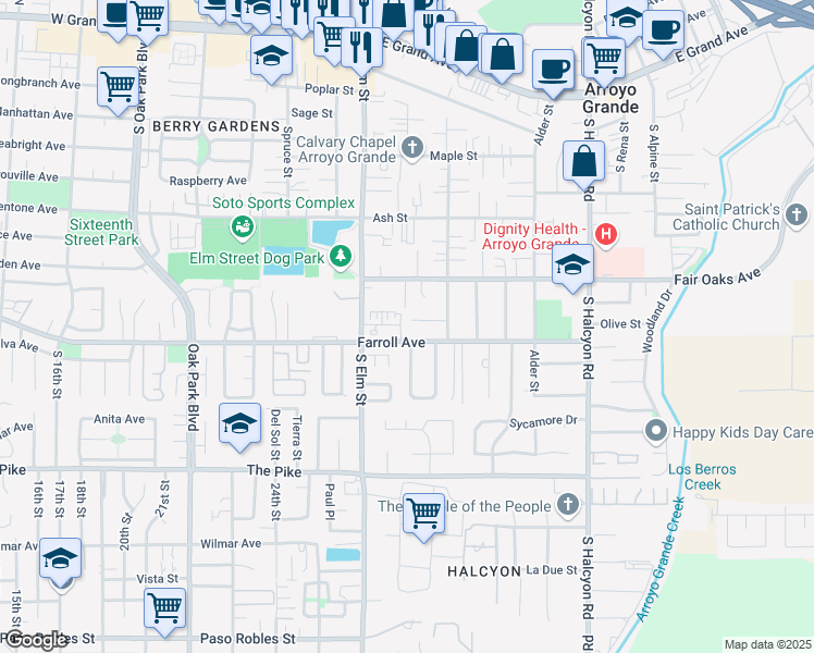 map of restaurants, bars, coffee shops, grocery stores, and more near 1139 Palm Court in Arroyo Grande
