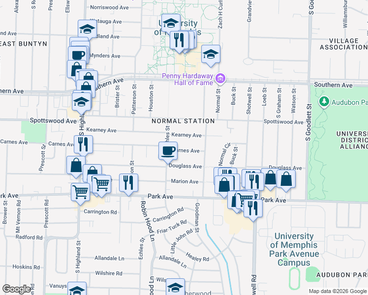 map of restaurants, bars, coffee shops, grocery stores, and more near 3755 Carnes Avenue in Memphis