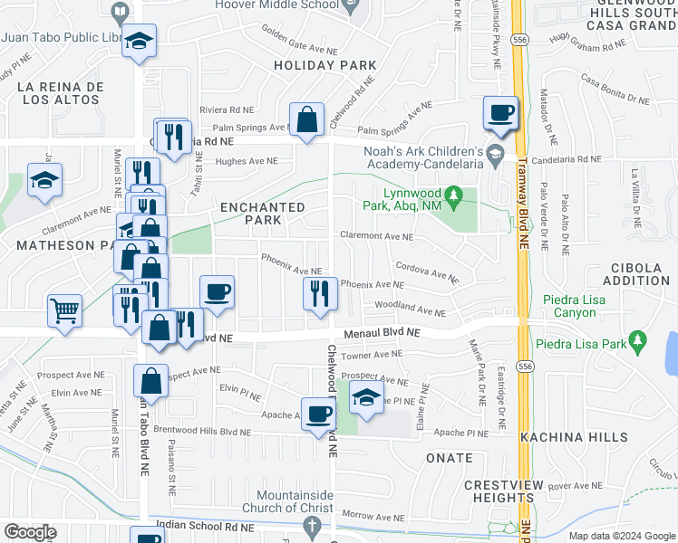 map of restaurants, bars, coffee shops, grocery stores, and more near 2504 Chelwood Park Boulevard Northeast in Albuquerque
