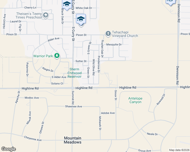 map of restaurants, bars, coffee shops, grocery stores, and more near 1453 Ponderosa Drive in Tehachapi