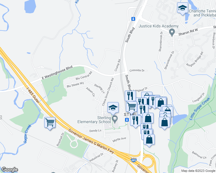 map of restaurants, bars, coffee shops, grocery stores, and more near 9338 China Grove Church Road in Pineville