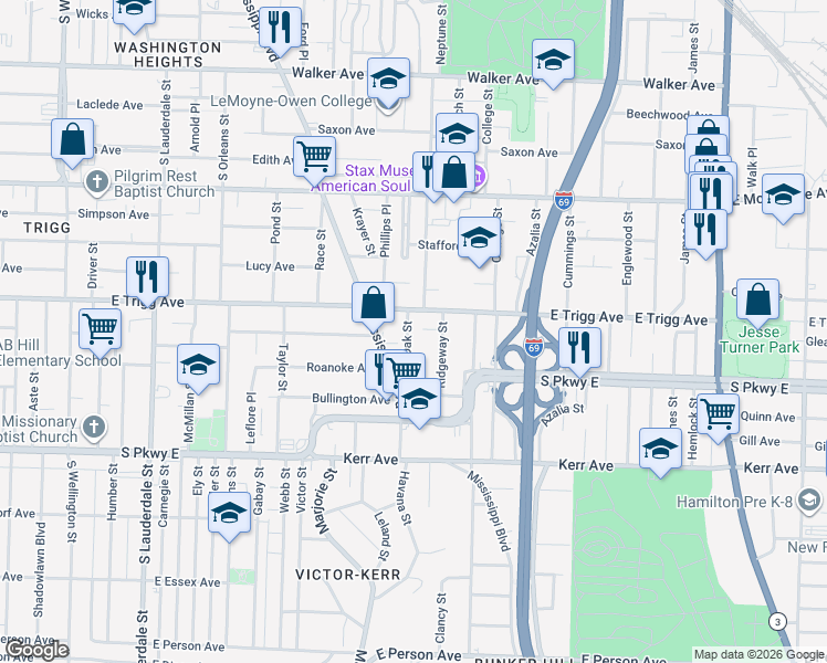 map of restaurants, bars, coffee shops, grocery stores, and more near 1333 Ridgeway Street in Memphis