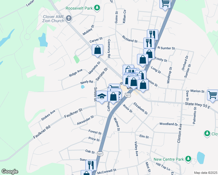 map of restaurants, bars, coffee shops, grocery stores, and more near 201 Pressley Street in Clover
