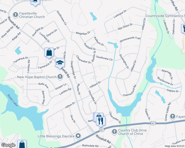 map of restaurants, bars, coffee shops, grocery stores, and more near 705 Brougham Road in Fayetteville