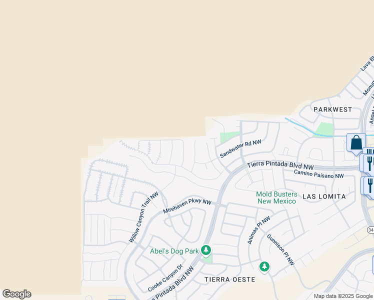 map of restaurants, bars, coffee shops, grocery stores, and more near 2315 Woods Wash Trail NW in Albuquerque