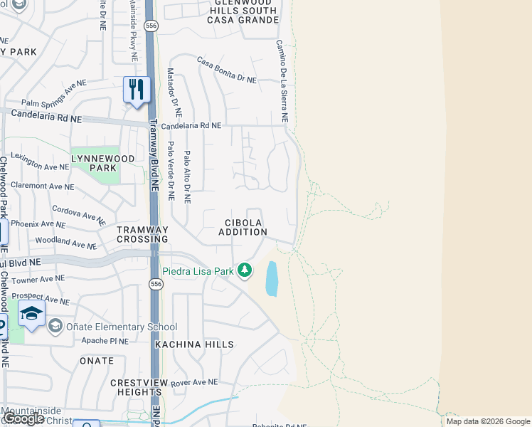 map of restaurants, bars, coffee shops, grocery stores, and more near 2501 Madre Drive Northeast in Albuquerque