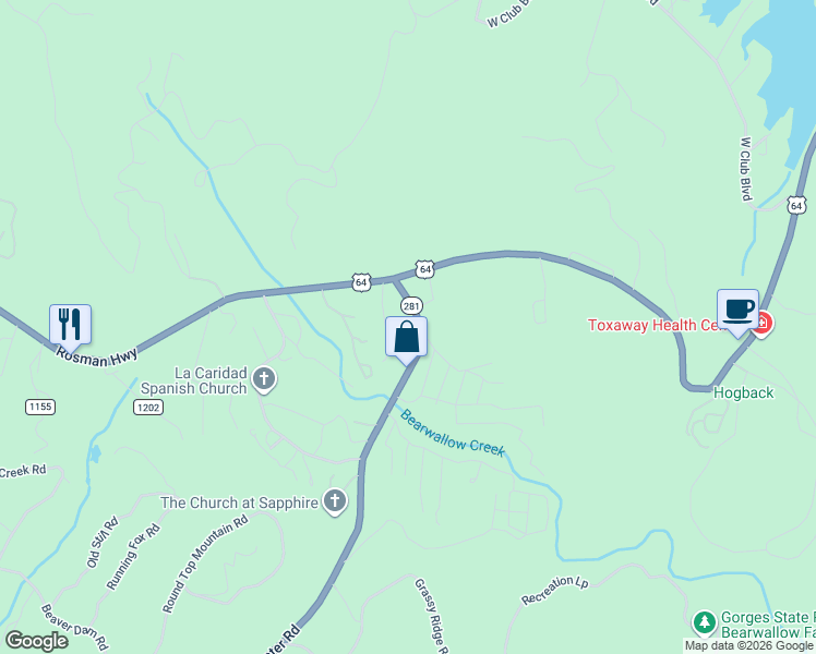 map of restaurants, bars, coffee shops, grocery stores, and more near 66 Youngblood Lane in Sapphire