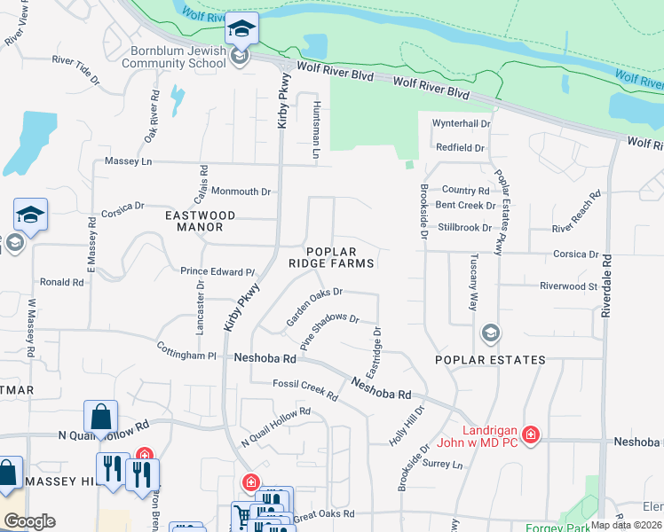 map of restaurants, bars, coffee shops, grocery stores, and more near 6800 Garden Oaks Drive in Memphis