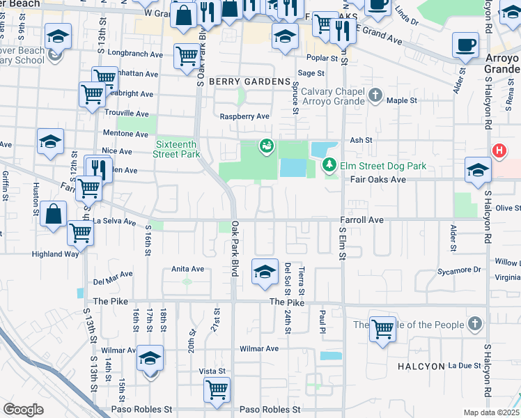 map of restaurants, bars, coffee shops, grocery stores, and more near 1330 Glenbrook Way in Arroyo Grande