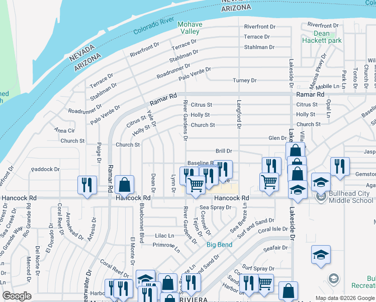 map of restaurants, bars, coffee shops, grocery stores, and more near 1653 River Gardens Drive in Bullhead City