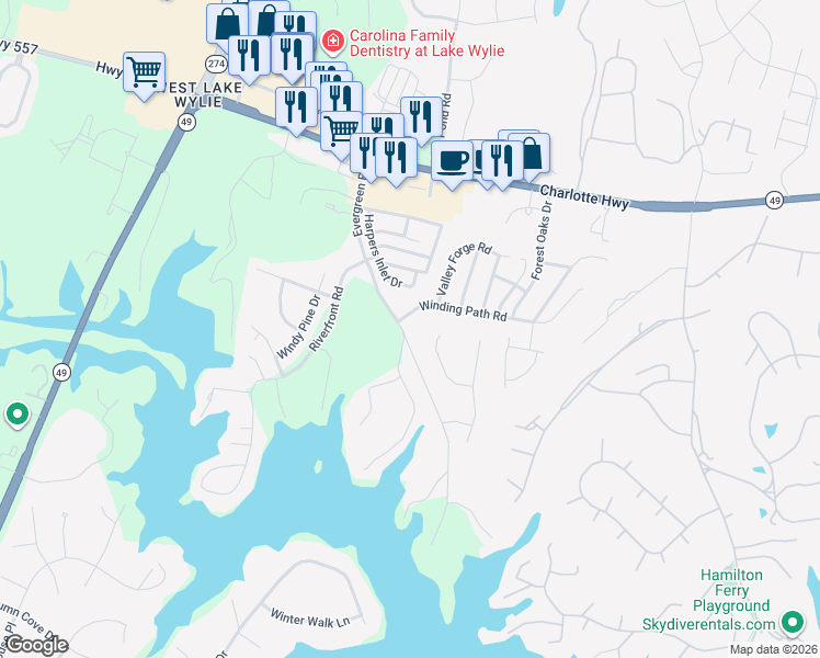 map of restaurants, bars, coffee shops, grocery stores, and more near 965 Autumn Glen Court in Lake Wylie