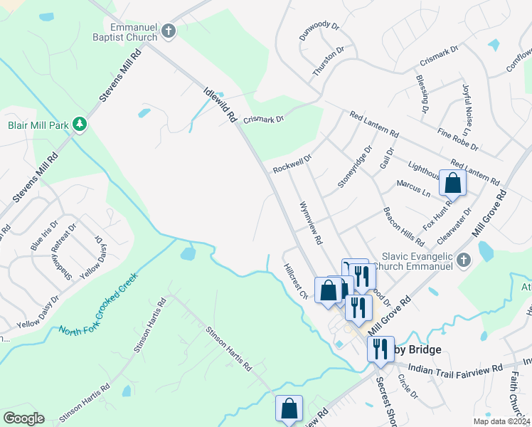 map of restaurants, bars, coffee shops, grocery stores, and more near 5814 Woody Grove Road in Indian Trail