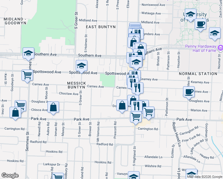 map of restaurants, bars, coffee shops, grocery stores, and more near 722 Prescott Street in Memphis