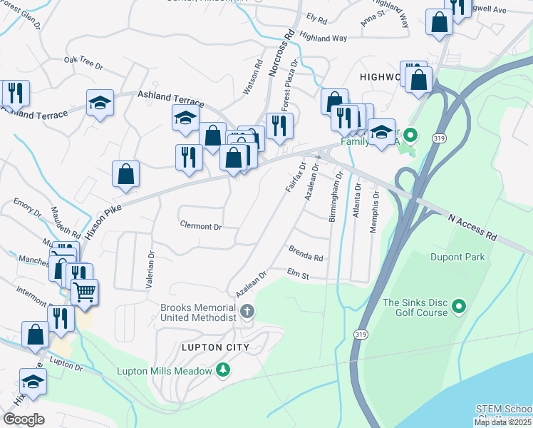 map of restaurants, bars, coffee shops, grocery stores, and more near 3925 Fairfax Drive in Chattanooga