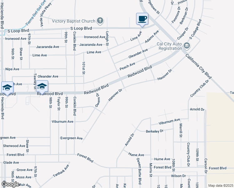 map of restaurants, bars, coffee shops, grocery stores, and more near Lehigh Street in California City
