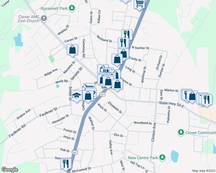 map of restaurants, bars, coffee shops, grocery stores, and more near 215 Old North Main Street in Clover