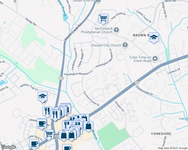 map of restaurants, bars, coffee shops, grocery stores, and more near 13633 Armour Ridge Drive in Charlotte
