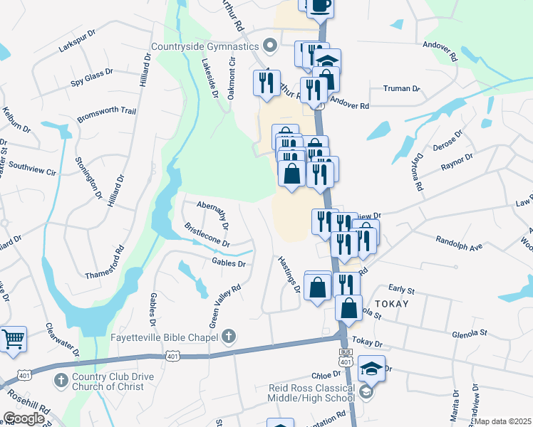 map of restaurants, bars, coffee shops, grocery stores, and more near 3640 Hastings Drive in Fayetteville
