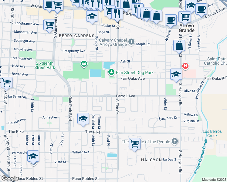map of restaurants, bars, coffee shops, grocery stores, and more near 450 South Elm Street in Arroyo Grande