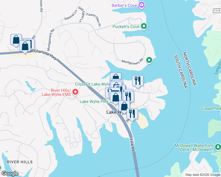 map of restaurants, bars, coffee shops, grocery stores, and more near 4160 Charlotte Highway in Clover