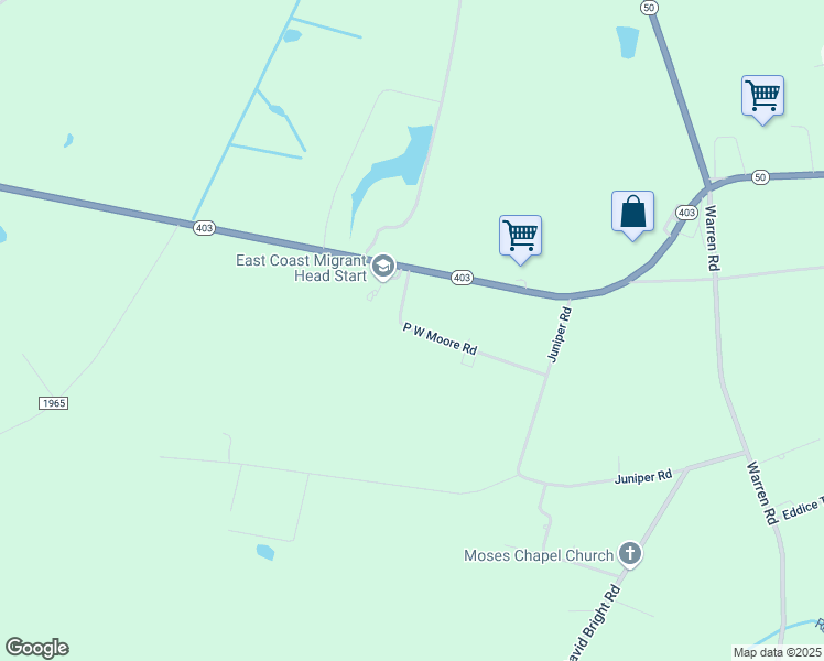 map of restaurants, bars, coffee shops, grocery stores, and more near P W Moore Road in Faison