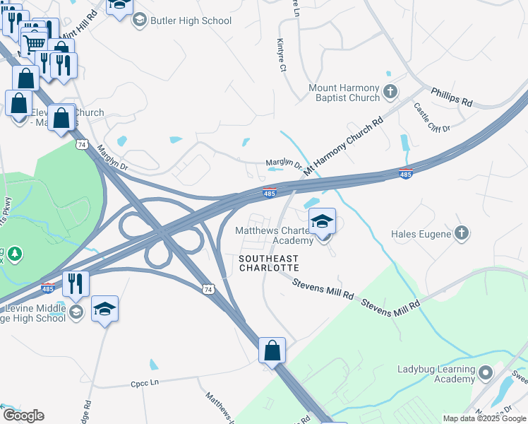 map of restaurants, bars, coffee shops, grocery stores, and more near Governor James G Martin Fwy in Matthews
