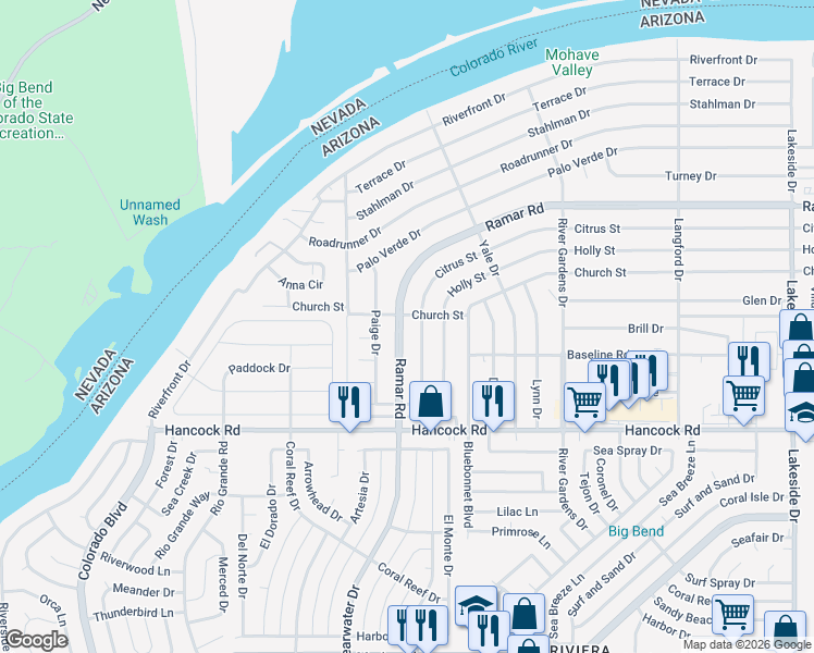 map of restaurants, bars, coffee shops, grocery stores, and more near 561-573 Ramar Road in Bullhead City