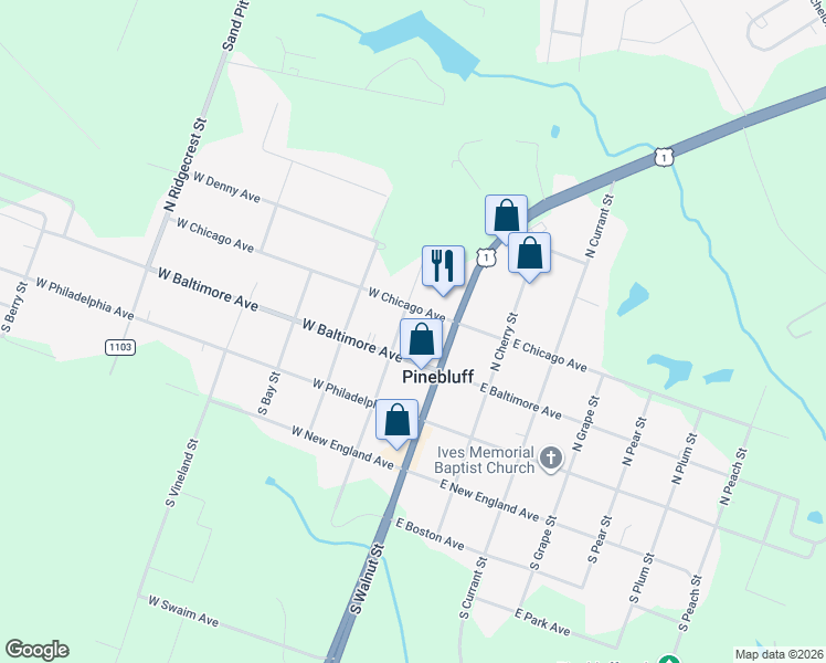 map of restaurants, bars, coffee shops, grocery stores, and more near 170 West Chicago Avenue in Pinebluff