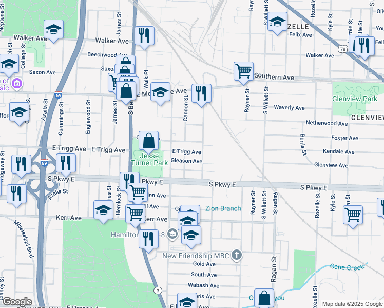 map of restaurants, bars, coffee shops, grocery stores, and more near 1373 Orgill Avenue in Memphis