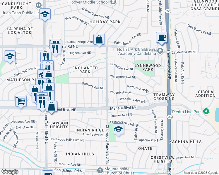 map of restaurants, bars, coffee shops, grocery stores, and more near 2525 Georgene Drive Northeast in Albuquerque