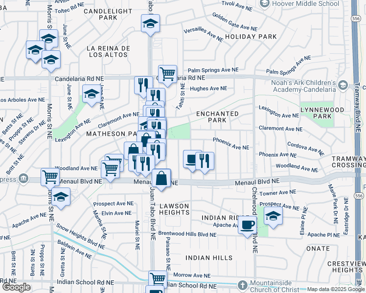 map of restaurants, bars, coffee shops, grocery stores, and more near 2505 Kirby Street Northeast in Albuquerque
