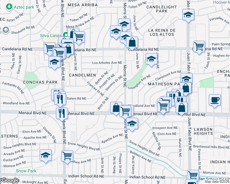 map of restaurants, bars, coffee shops, grocery stores, and more near 2509 Britt Street Northeast in Albuquerque