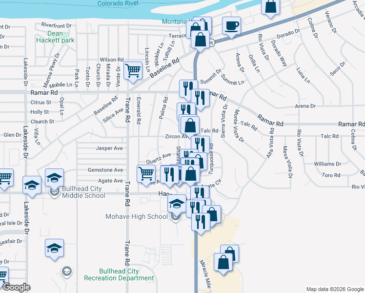 map of restaurants, bars, coffee shops, grocery stores, and more near 2079 Arizona 95 in Bullhead City