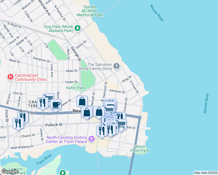 map of restaurants, bars, coffee shops, grocery stores, and more near 622 Hancock Street in New Bern