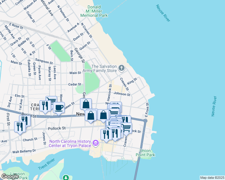 map of restaurants, bars, coffee shops, grocery stores, and more near 622 Hancock Street in New Bern