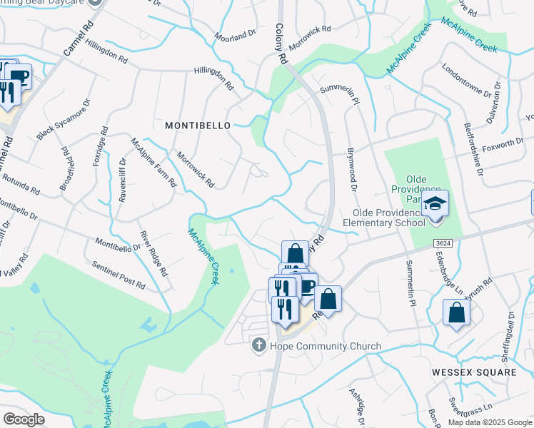 map of restaurants, bars, coffee shops, grocery stores, and more near 6539 Greenway Bend Drive in Charlotte