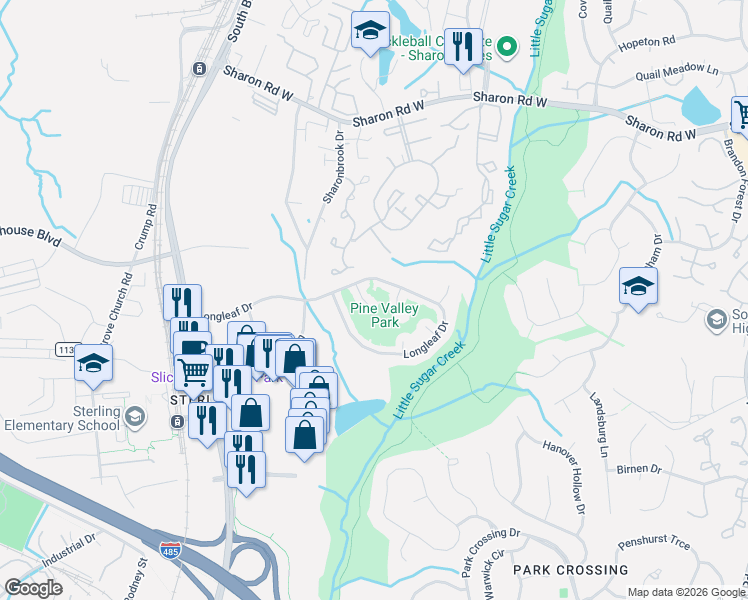 map of restaurants, bars, coffee shops, grocery stores, and more near 1929 Longleaf Drive in Charlotte