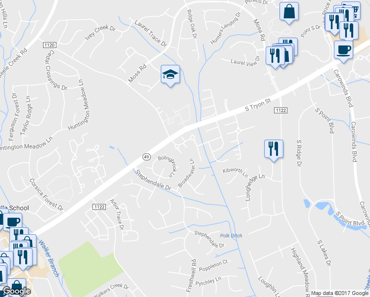 map of restaurants, bars, coffee shops, grocery stores, and more near 13341 Erwin Road in Charlotte