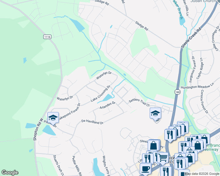 map of restaurants, bars, coffee shops, grocery stores, and more near 14138 Lake Crossing Drive in Charlotte