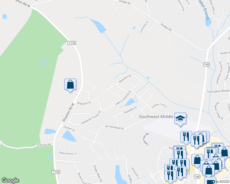 map of restaurants, bars, coffee shops, grocery stores, and more near 14307 Waterlyn Drive in Charlotte