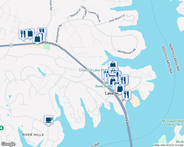 map of restaurants, bars, coffee shops, grocery stores, and more near 4140 Charlotte Highway in Lake Wylie