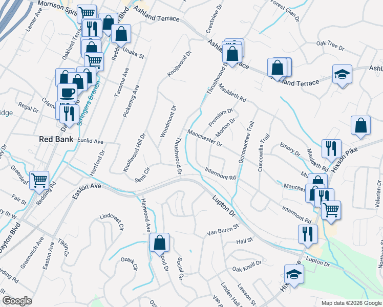 map of restaurants, bars, coffee shops, grocery stores, and more near 3641 Premium Drive in Chattanooga