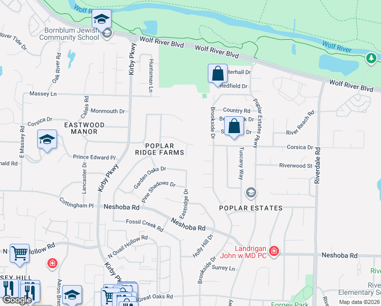 map of restaurants, bars, coffee shops, grocery stores, and more near 6845 Corsica Drive in Memphis