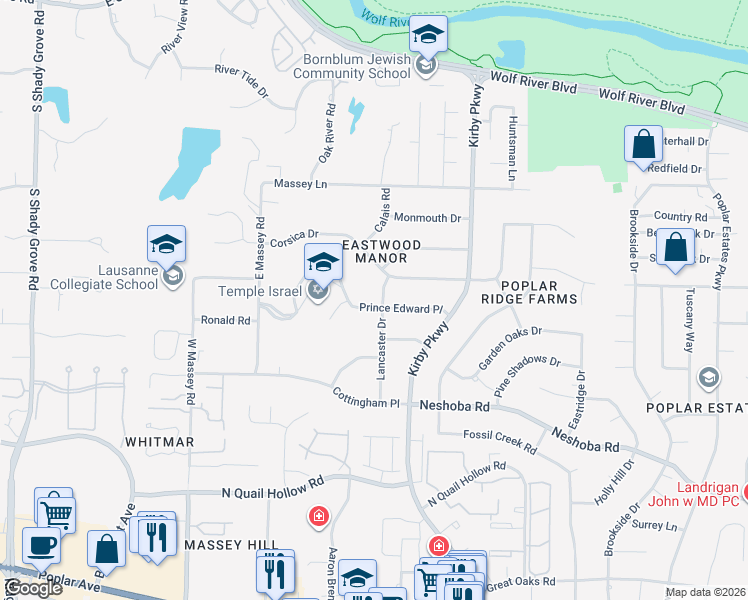 map of restaurants, bars, coffee shops, grocery stores, and more near 1367 Lancaster Drive in Memphis