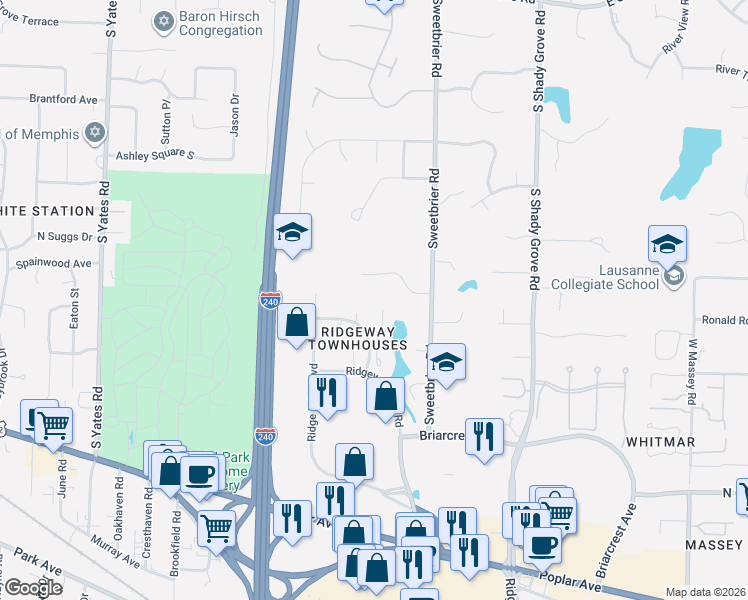 map of restaurants, bars, coffee shops, grocery stores, and more near 5909 Redfearn Cove in Memphis