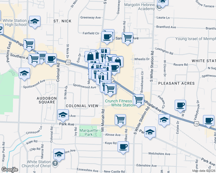 map of restaurants, bars, coffee shops, grocery stores, and more near 700 Mount Moriah Road in Memphis