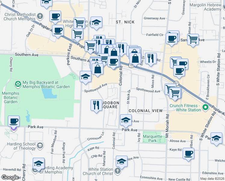 map of restaurants, bars, coffee shops, grocery stores, and more near 4780 Eagle Crest Drive in Memphis